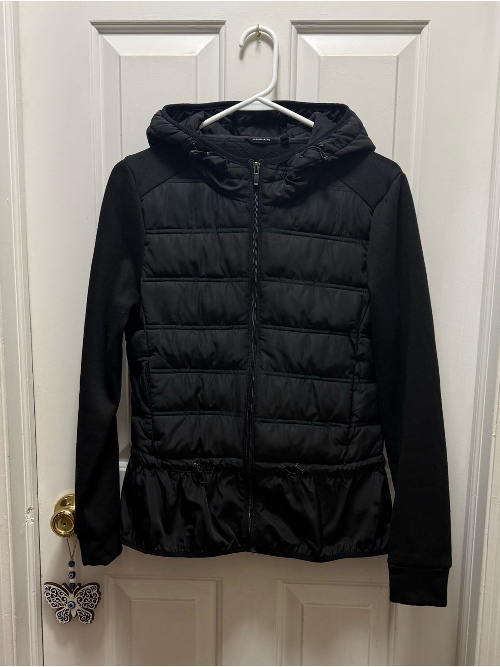 BCBGMAXAZRIA Black Quilted Mixed Media Peplum Hooded Jacket Size M
